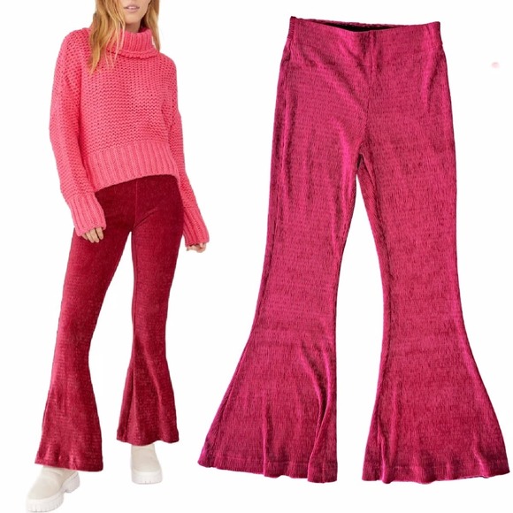 Free People Pants - Free People So Charming Cranberry Velvet High Waisted Flare Leg Pants Size XS
